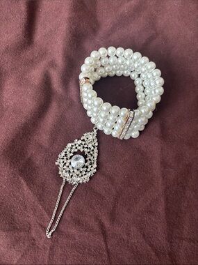 Elegant White Pearl Multi-Strand Bracelet with Crystal Teardrop Charm
